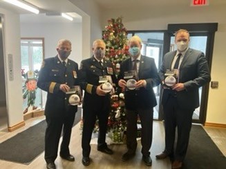 (L to R) Deputy Chief Jim Peavoy, Fire Chief Jim Sawkins, Mayor Allan Alls, CAO Nathan Hyde